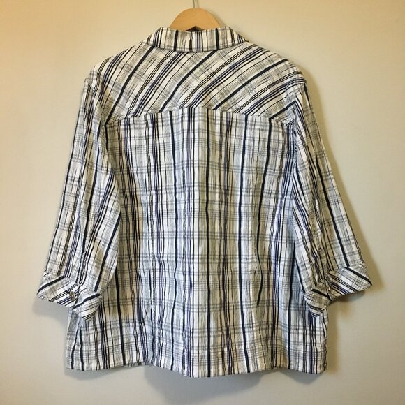 Plaid Seersucker White, Blue, Black and Metallic Silver Button Down Shirt - Picture 2 of 11